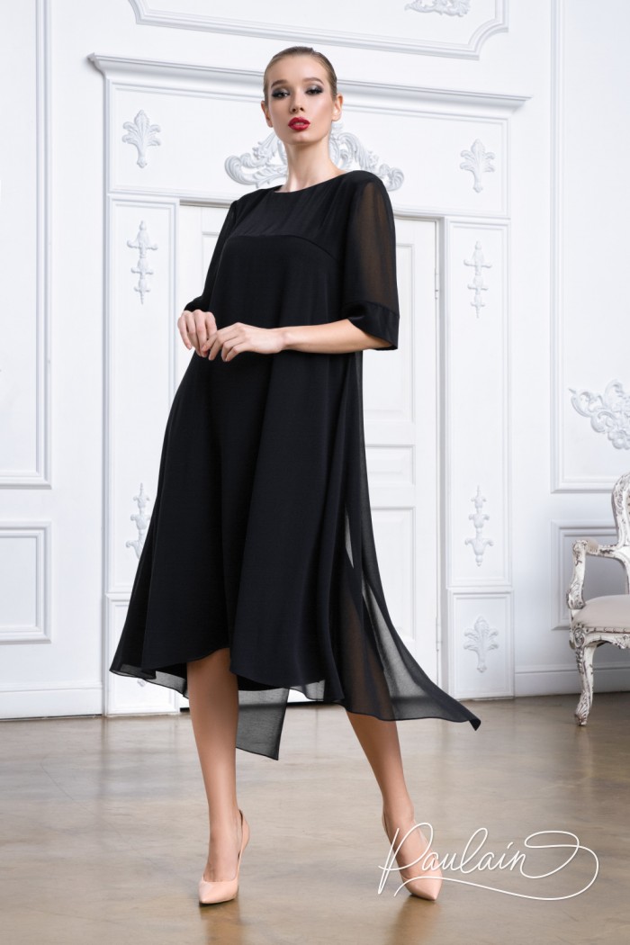 Feminine light dress in black midi length with sleeve- TWILL | Paulain