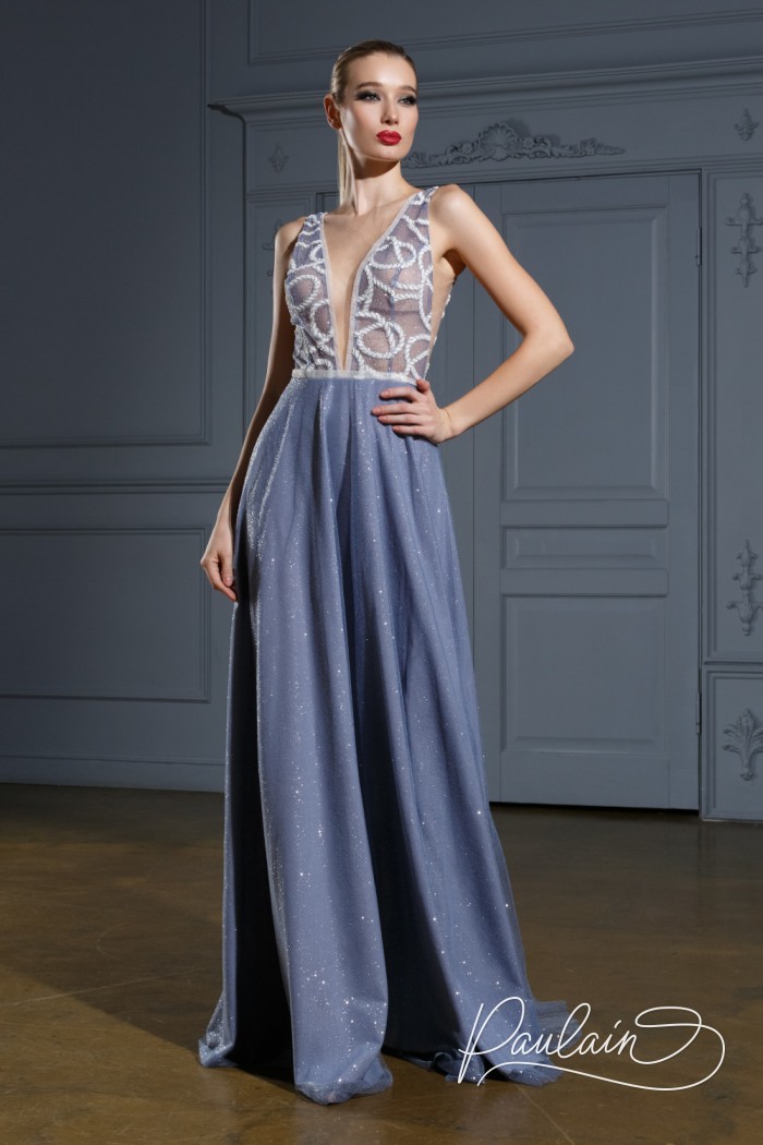 Blue evening dress with a train without sleeves with an embroidered bodice- CELINE | Paulain