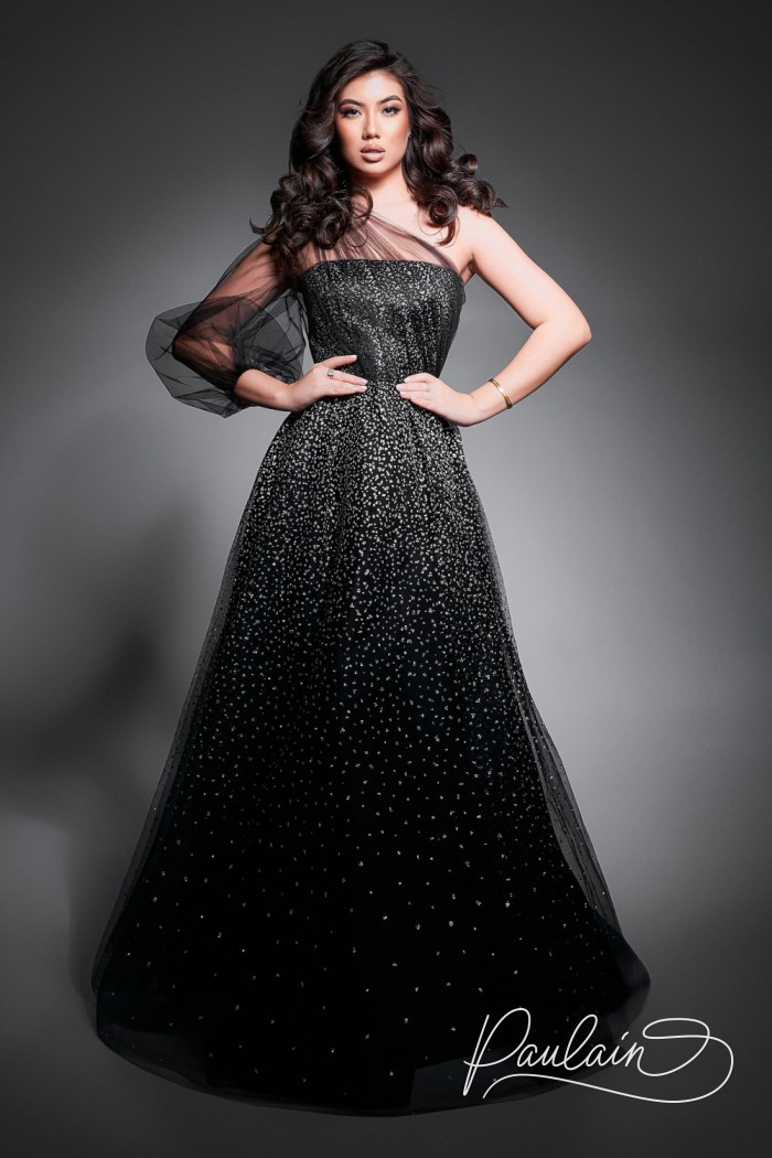 Evening black dress with asymmetrical sleeves- DEVA LIGHT | Paulain