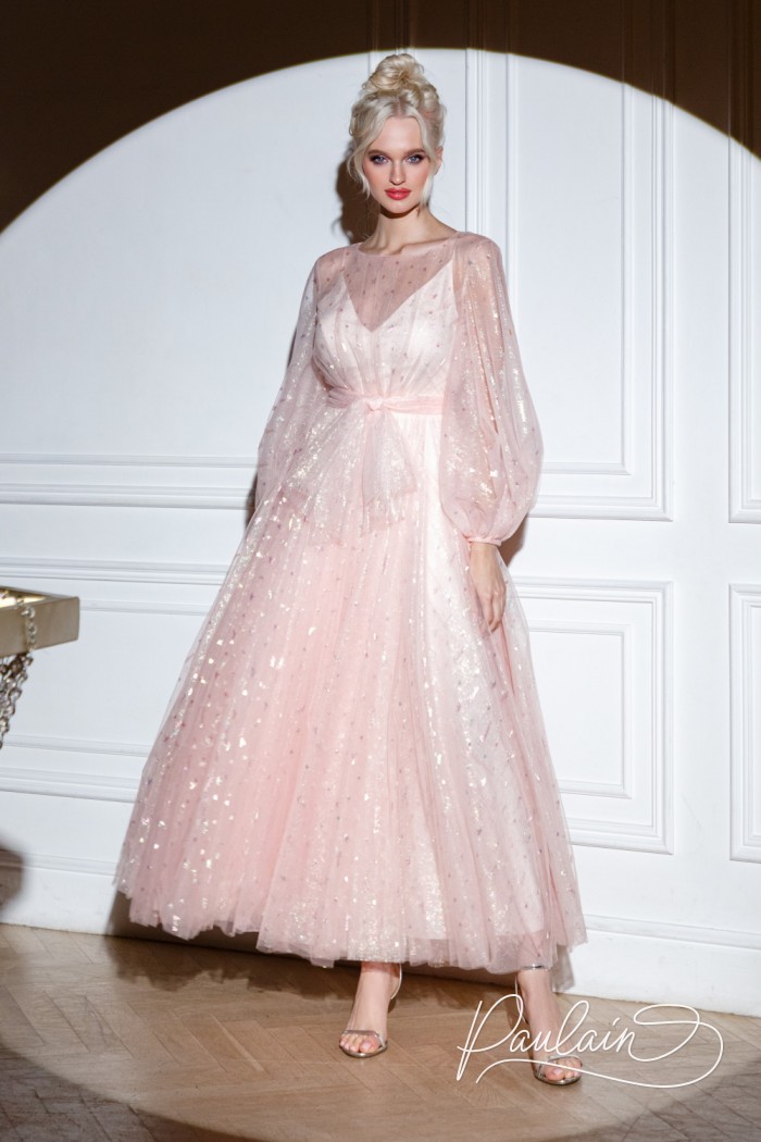 Airy evening dress in pink color with a puffy long skirt- DOMINIC | Paulain