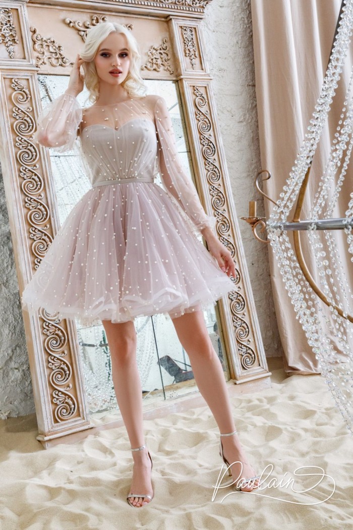Delicate dress with sheer sleeves and a short fluffy skirt- JULIE | Paulain