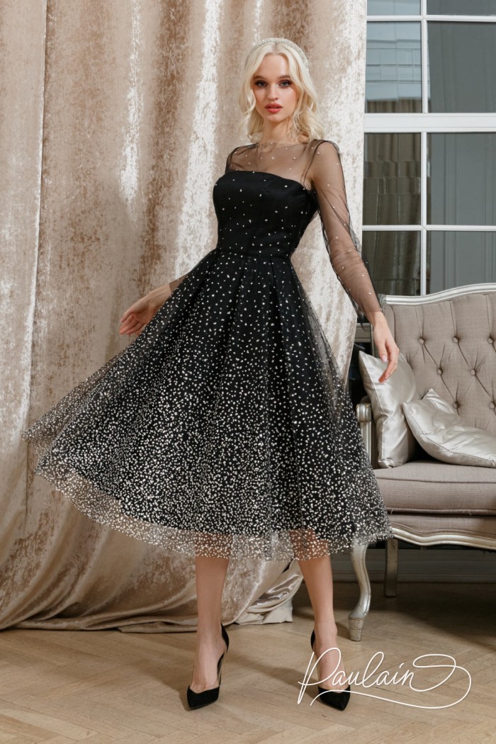 Black dress with long sheer sleeves and midi length skirt- NERO | Paulain