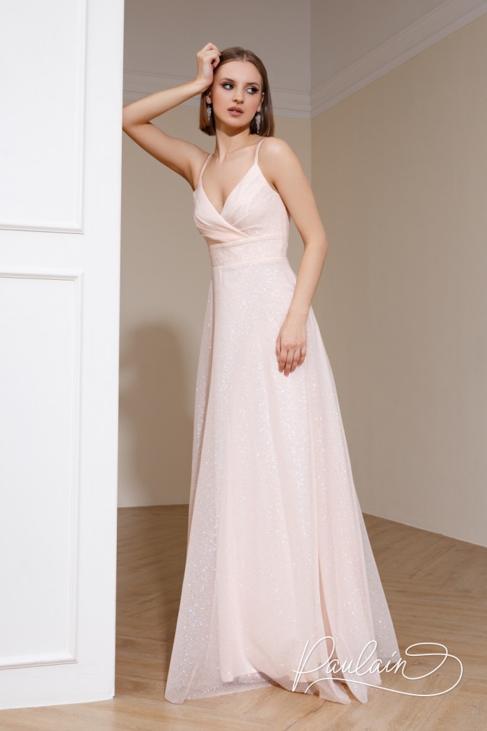 Glittering dress of gentle color with straps with a cutout- XENA Maxi | Paulain