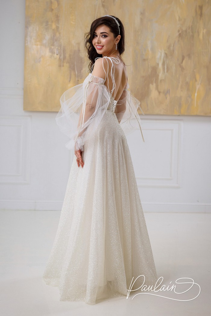 Wedding romantic floor-length dress with straps and removable sleeve - ANGELICA LIGHT | Paulain