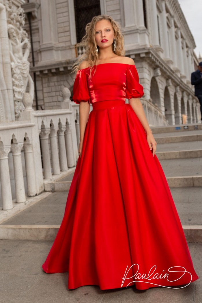 Long Off-Shoulder with sleeves Two-Piece Prom Dress with A-style skirt- ESMERALDA | Paulain