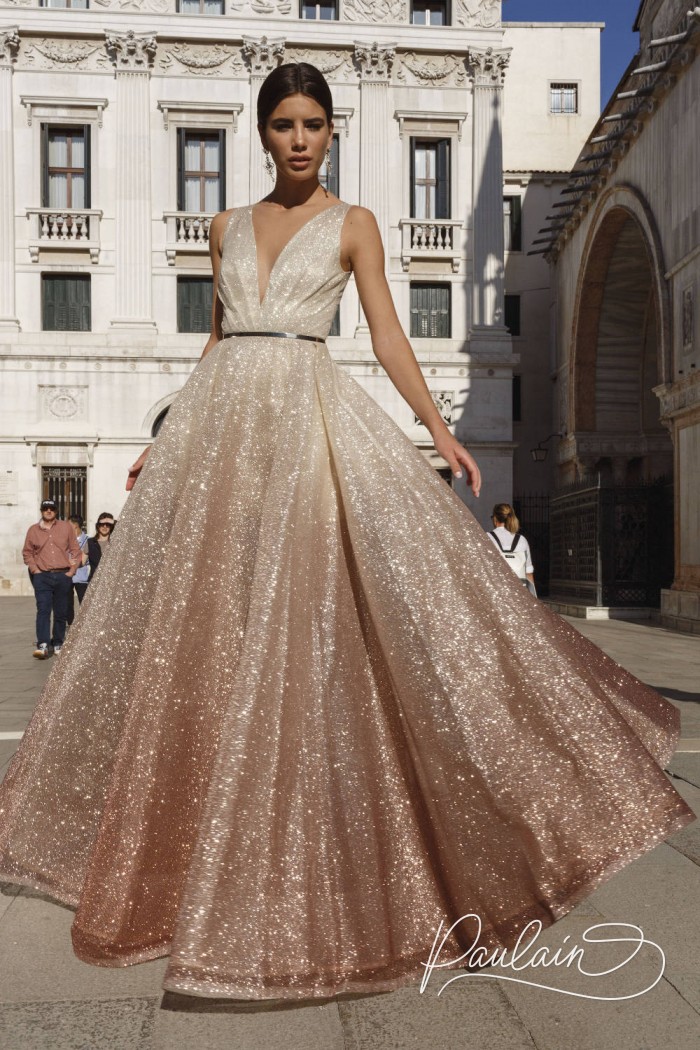 Awesome A-line Evening Dress in Sparkling Ombre Fabric- MELICENTA Bourbon | Paulain