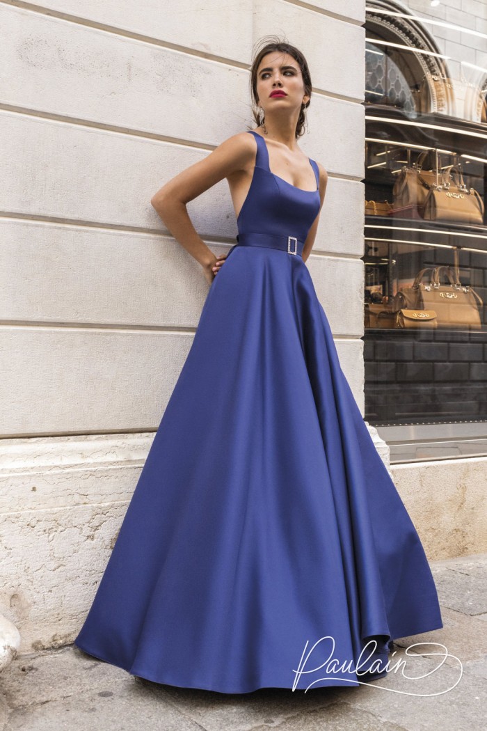 A-line Satin Evening Dress with open back and crossed straps - YOKO | Paulain